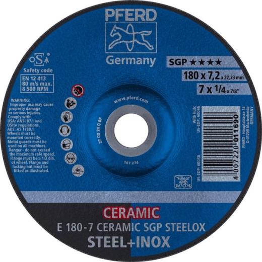 Schruppscheibe CERAMIC SGP STEELOX D180xS7mm gekr.STA Bohr.22,23mm PFERD | 10 Stück