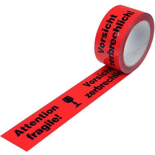 Warnklebeband Breite 50mm L.66m S.52µ PP rot Aufdruck Vorsicht zerbrechlich | 12 Stück
