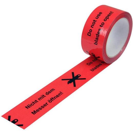 Warnklebeband Breite 50mm Länge 66m S.52µ PP rot Aufdruck Messersymbol TRANSPAK | 12 Stück