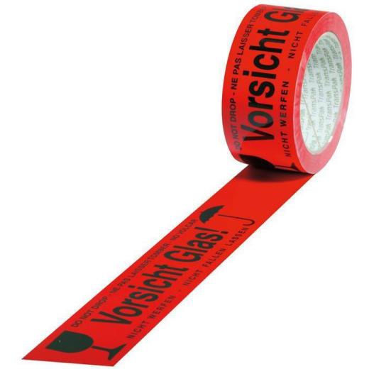 Kennzeichnungsband Breite 50mm L.66m S.52µ PVC rot Aufdruck Vorsicht Glas | 12 Stück