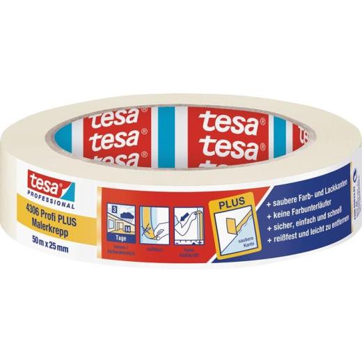 Malerkreppband 4306 Profi PLUS leicht gekreppt hellbeige L.50m B.25mm Rl.TESA | 12 Stück