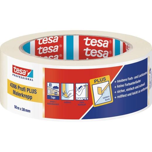Malerkreppband 4306 Profi PLUS leicht gekreppt hellbeige L.50m B.38mm Rl.TESA | 8 Stück