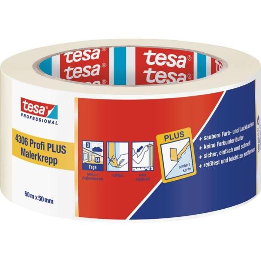 Malerkreppband 4306 Profi PLUS leicht gekreppt hellbeige L.50m B.50mm Rl.TESA | 6 Stück