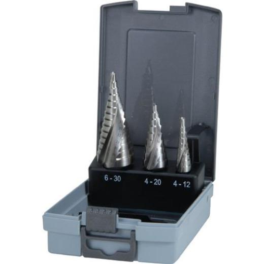 Stufenbohrersatz D.4-12/4-20/4-30mm HSS-Co5 Spiralnut 3tlg.Ku.-Kass.RUKO