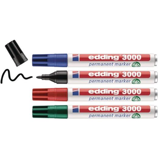Permanentmarkerset edding 3000 schwarz/rot/blau/grün Strich-B.1,5-3mm Rundspitze