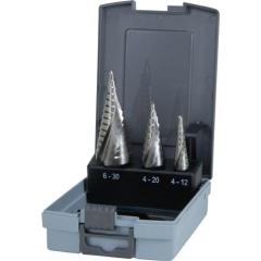 Stufenbohrersatz D.4-12/4-20/4-30mm HSS-Co5 Spiralnut 3tlg.Ku.-Kass.RUKO